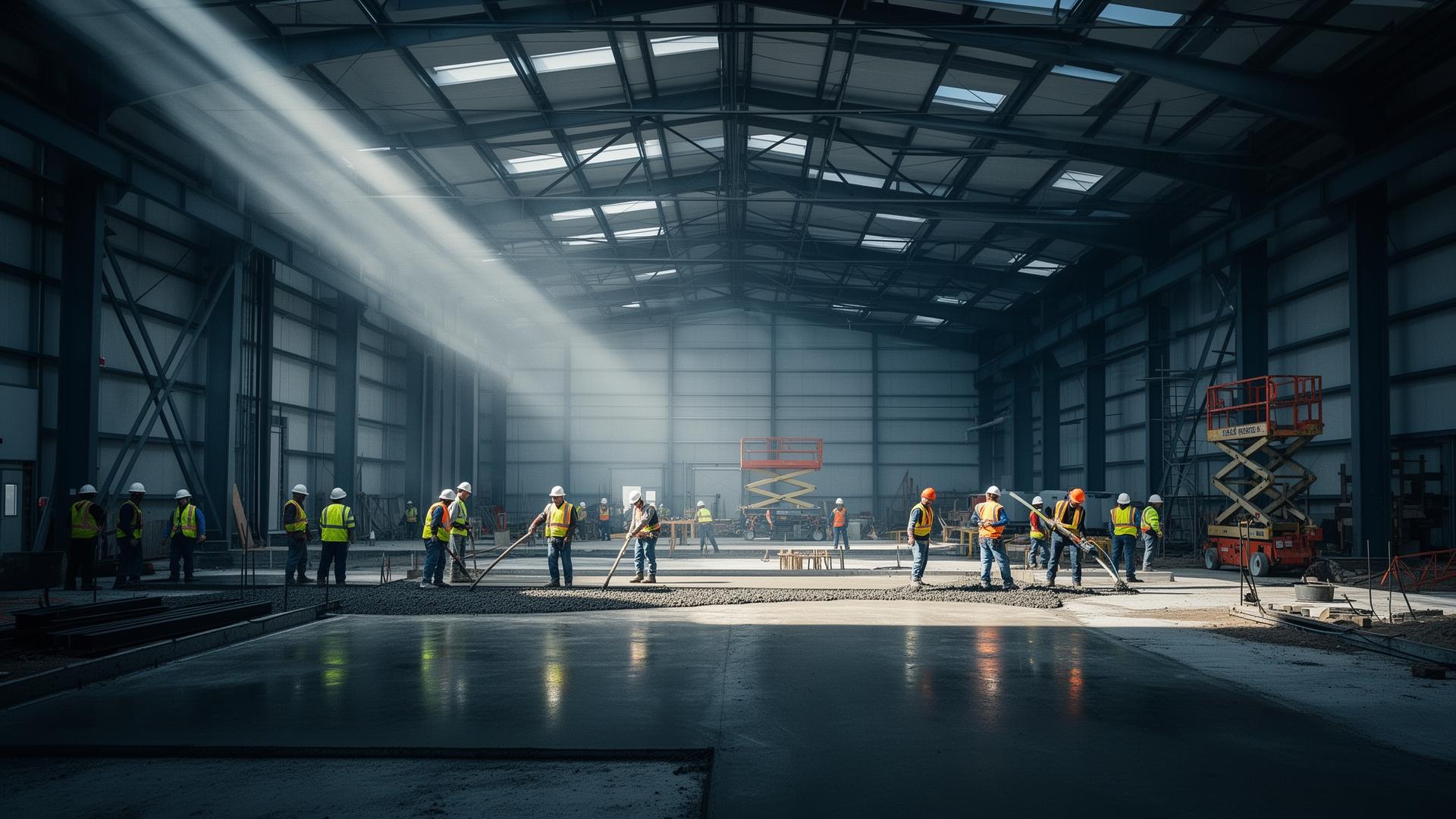 Active commercial construction site inside a large warehouse — steel framing and concrete work